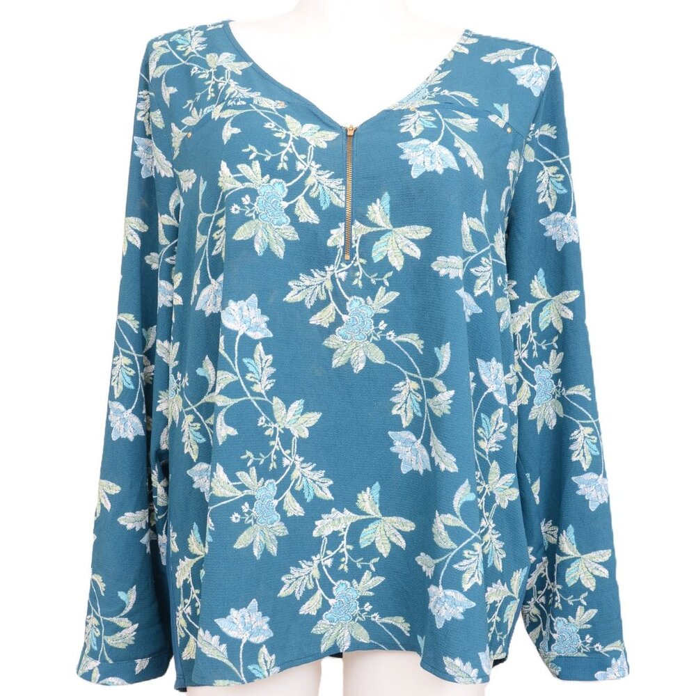 Simply Emma PLUS Size 3X Blue Floral Roll Tab Sleeves Zipper Front Flowy Stretch